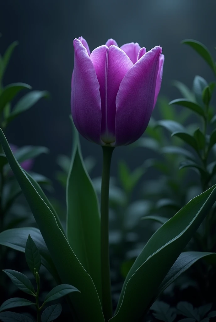 An image of a large, real-looking purple tulip that stands out with vegetation around it and the image is dark, not illuminated.