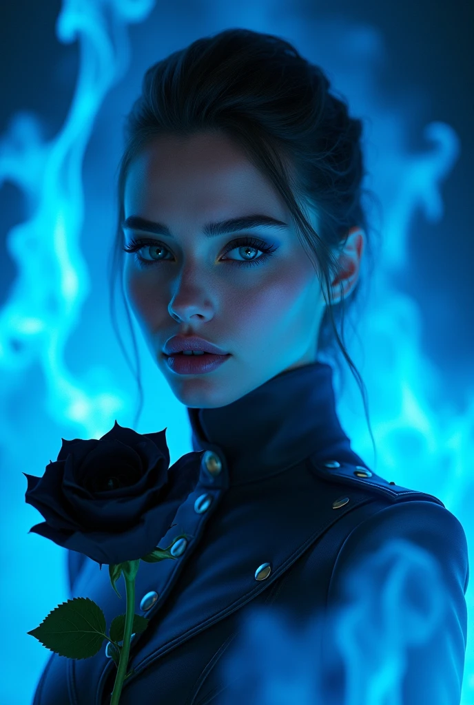 A picture of an extremely beautiful woman, with very blue eyes, small nose, labios carnosos very beautiful, with a black leather military suit, surrounded by a blue fire, and a black rose in her hand, very beautiful, phosphorescent blue light