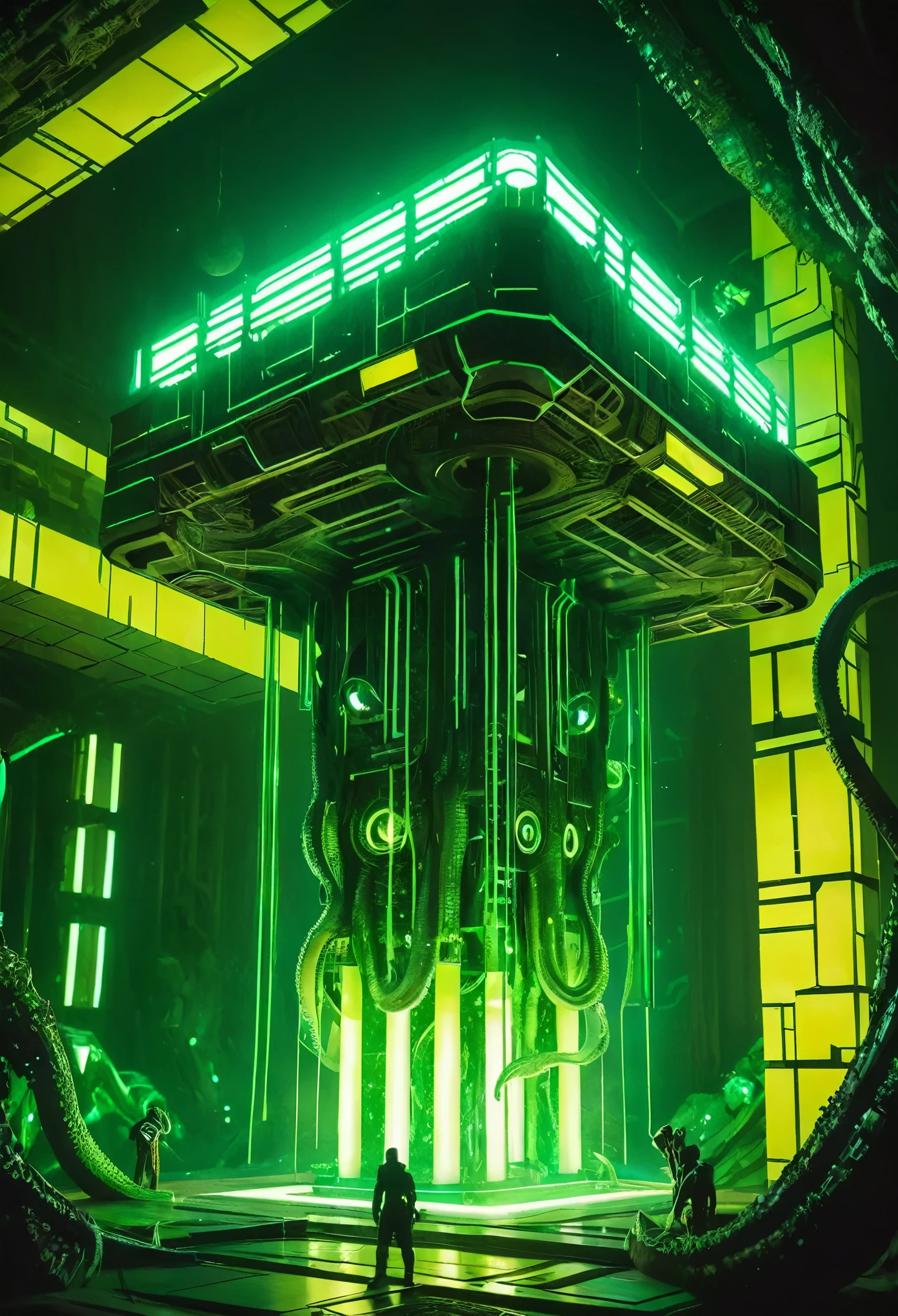 A gigantic floating cuboid structure with dark, twisting tentacles, radiating an intense green light from the circular patterns and eyes with illuminated symbols embedded in their faces. The scene has a dark and futuristic atmosphere., with a greenish-yellow lighting that envelops the entire space, full of geometric shapes and blocks suspended in the air. Two tiny, zombified figures appear to be wandering in front of this monstrous entity., highlighting its colossal scale. The atmosphere is oppressive and mysterious., as if the place were a prison or a temple of some cosmic deity. The style is a combination of science fiction and cosmic horror, with intricate details and a sense of alien grandeur.