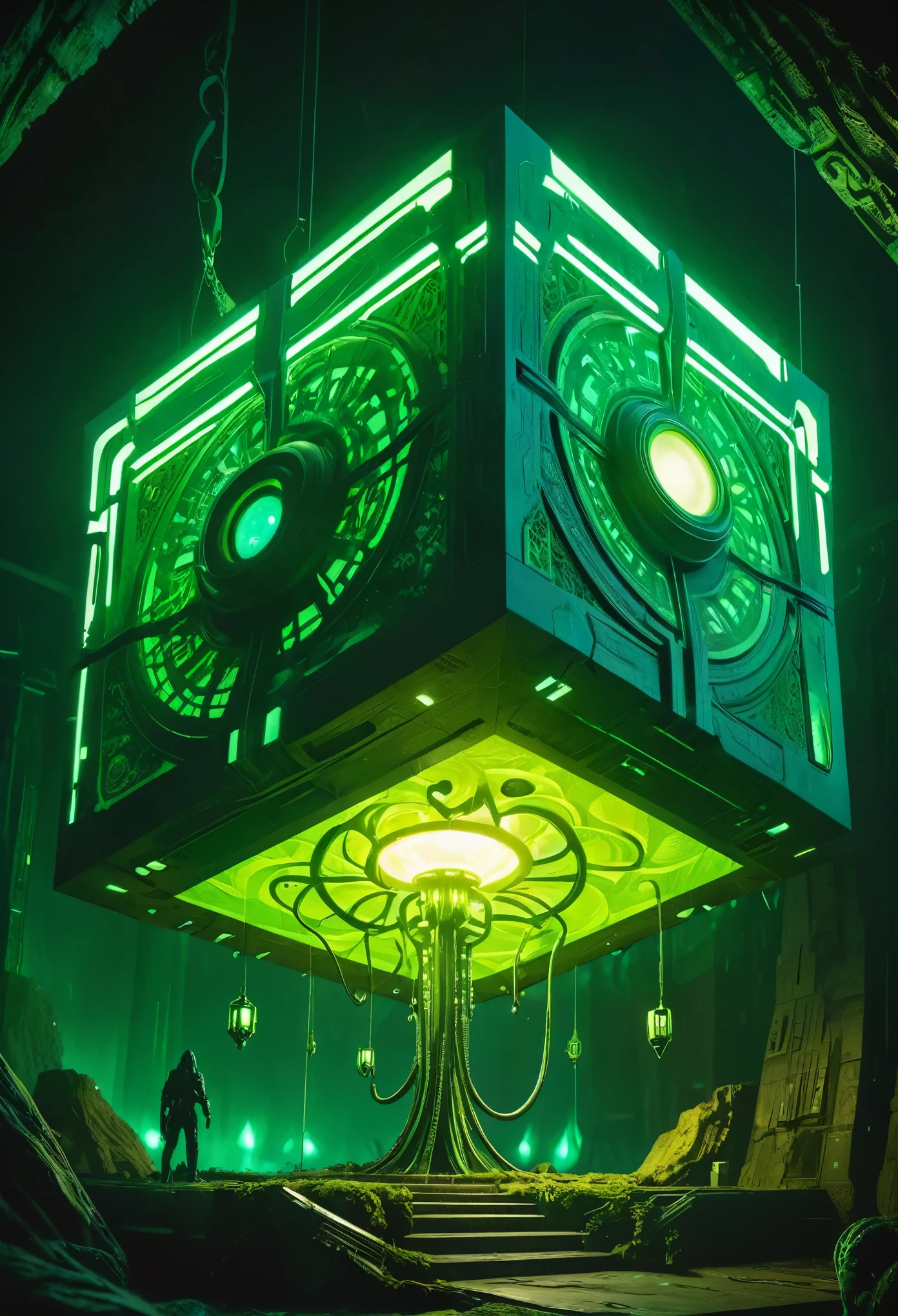 A gigantic floating cuboid structure with dark, twisting tentacles, radiating an intense green light from the circular patterns and eyes with illuminated symbols embedded in their faces. The scene has a dark and futuristic atmosphere., with a greenish-yellow lighting that envelops the entire space, full of geometric shapes and blocks suspended in the air. Two tiny, zombified figures appear to be wandering in front of this monstrous entity., highlighting its colossal scale. The atmosphere is oppressive and mysterious., as if the place were a prison or a temple of some cosmic deity. The style is a combination of science fiction and cosmic horror, with intricate details and a sense of alien grandeur.