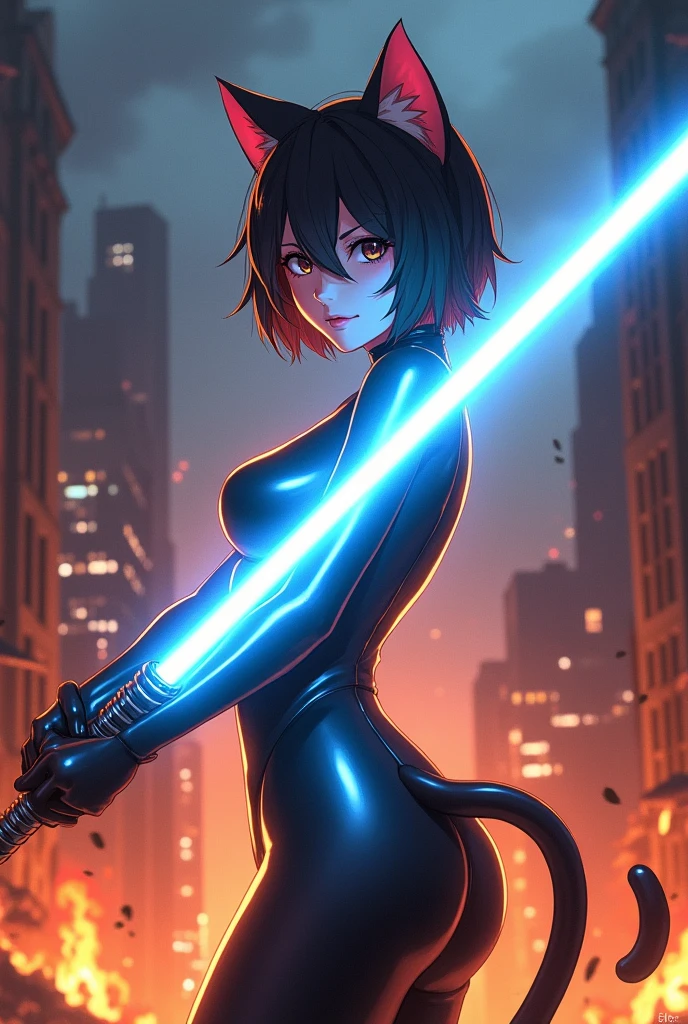 an anime cat girl stands with a Blue lightsaber in her hand against the background of a burning city wearing a latex suit