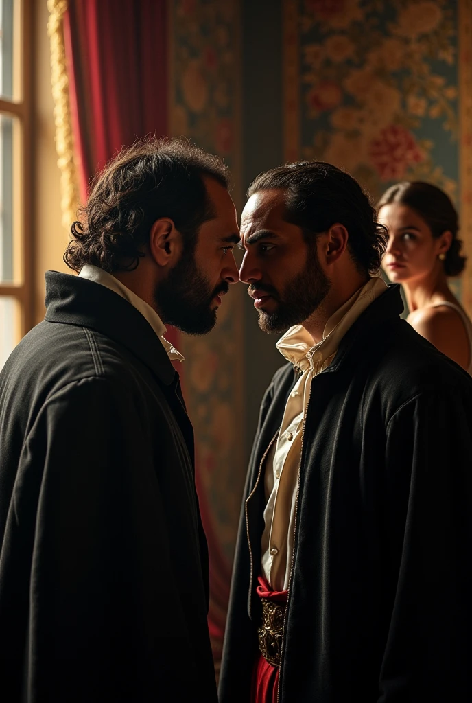 Iago whispering in Othello's ear and in the background Desdemona not realizing what is happening, perspective, Hasselblad, accurate, super detail, high quality, high details