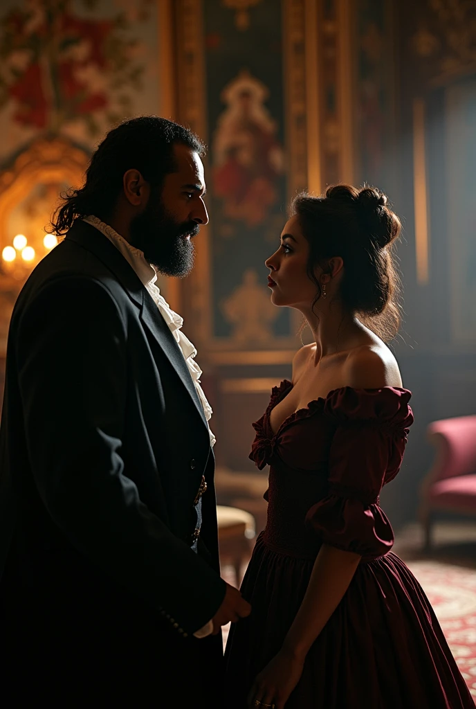 Iago whispering in Othello's ear and in the background Desdemona not realizing what is happening, perspective, Hasselblad, accurate, super detail, high quality, high details
