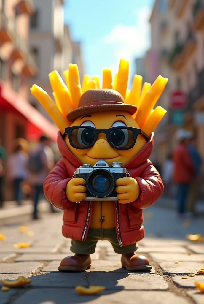 an animated French fry dressed as a paparazzi