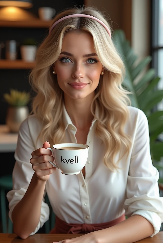 Blonde blue-eyed woman resembling Blair Waldorf from Gossip Girl dressed as Blair Waldorf drinking Kvell brand coffee