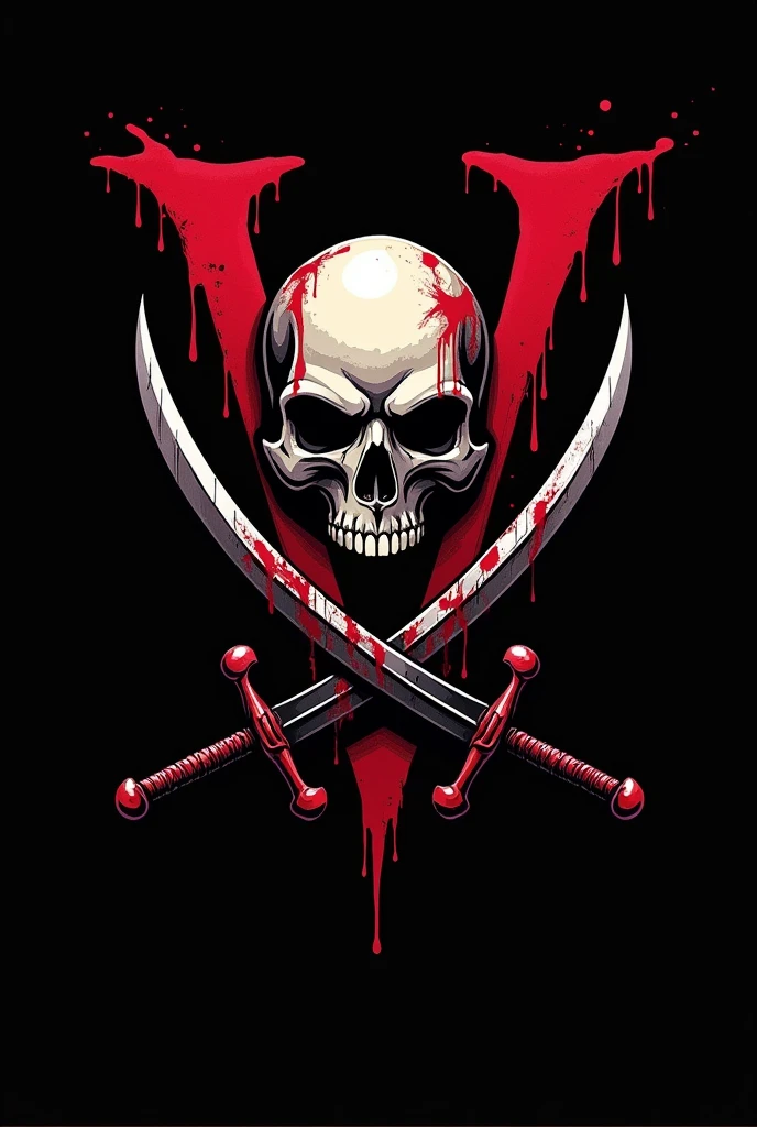 Make a logo with a black background in front of a skull with its mouth open while there are blood stains around it, Behind it there are 2 straight gray swords that make a V shape and behind that there is a red V for Vendetta with blood dripping from it.