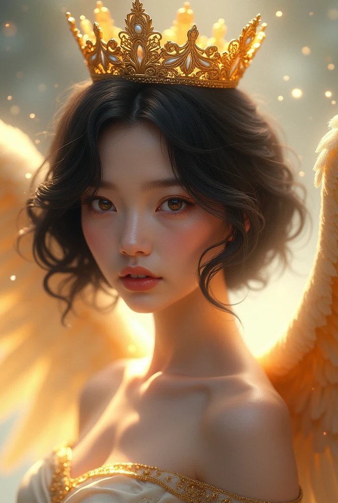 Profile picture of a fanart woman with an angelic face, with a queen&#39;s crown on her head, short black hair and gold wings 
