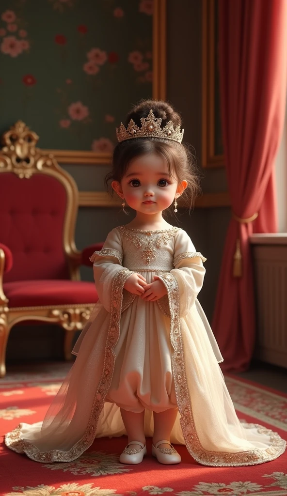 Create a UHD photorealistic image of an 18-month-old girl named Cyrielle, dressed in a royal-looking outfit, standing in a beautifully decorated room with regal colors. Captured with an 85mm f/1.8 lens to highlight the noble ambiance and her graceful pose. Ensure exactly five fingers, no 3D style image, no animation style, no Pixar style animation.