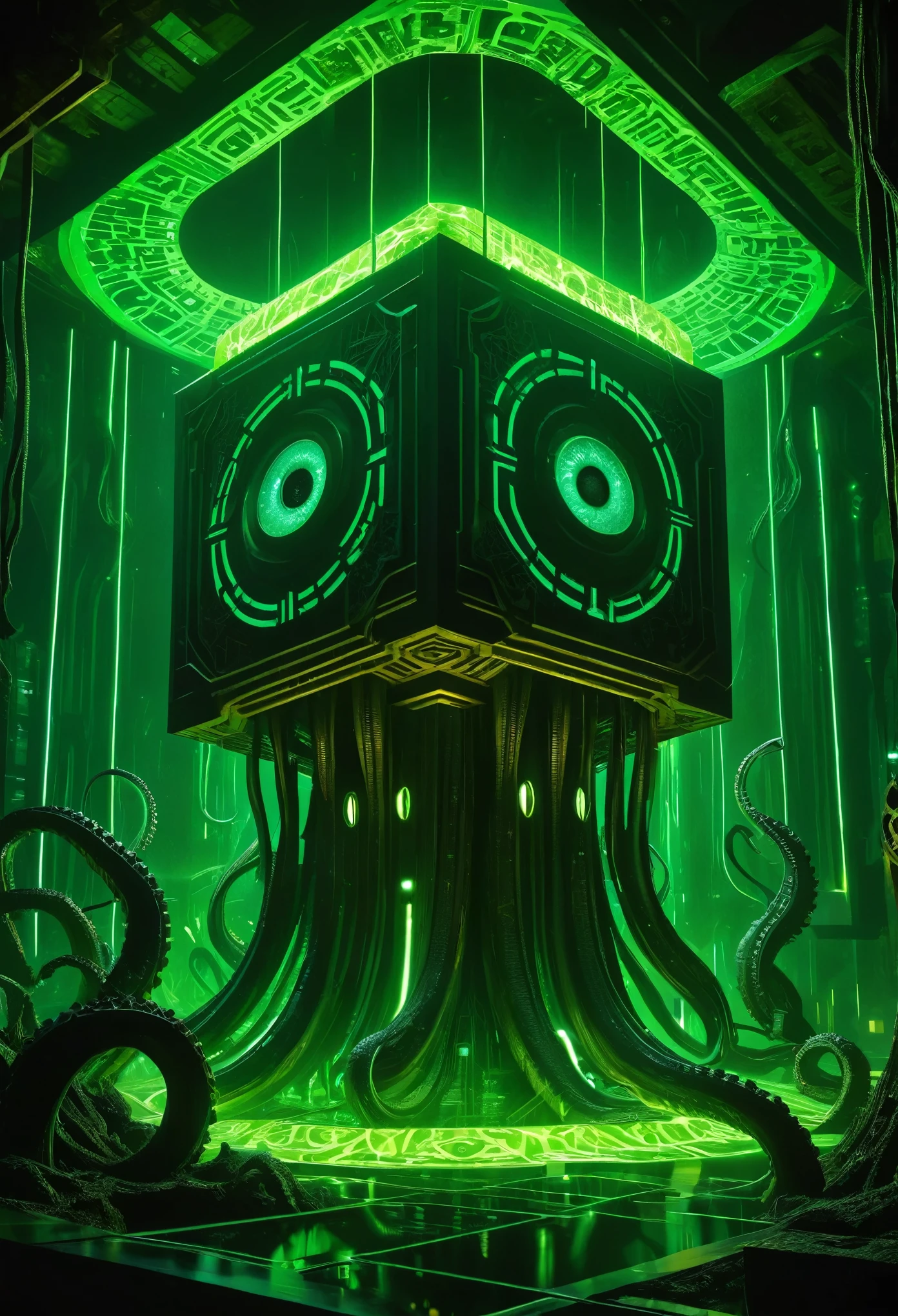 A gigantic floating cuboid structure with dark, twisting tentacles, radiating an intense green light from the circular patterns and eyes with illuminated symbols embedded in their faces. The scene has a dark and futuristic atmosphere., with a greenish-yellow lighting that envelops the entire space, full of geometric shapes and blocks suspended in the air. Two tiny, zombified figures appear to be wandering in front of this monstrous entity., highlighting its colossal scale. The atmosphere is oppressive and mysterious., as if the place were a prison or a temple of some cosmic deity. The style is a combination of science fiction and cosmic horror, with intricate details and a sense of alien grandeur.