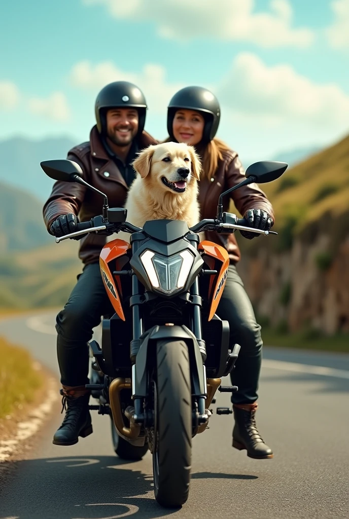 Biker couple with a cream-colored dog in between on a horizontal KTM 1390