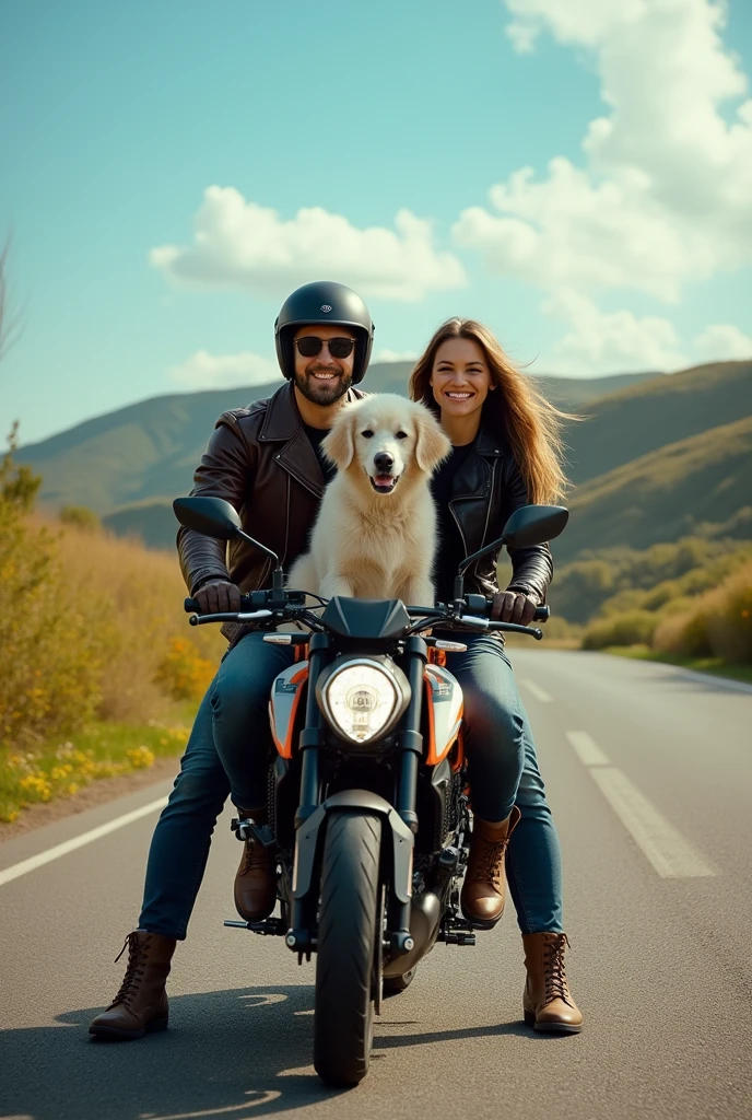 Biker couple with a cream-colored dog in between on a horizontal KTM 1390