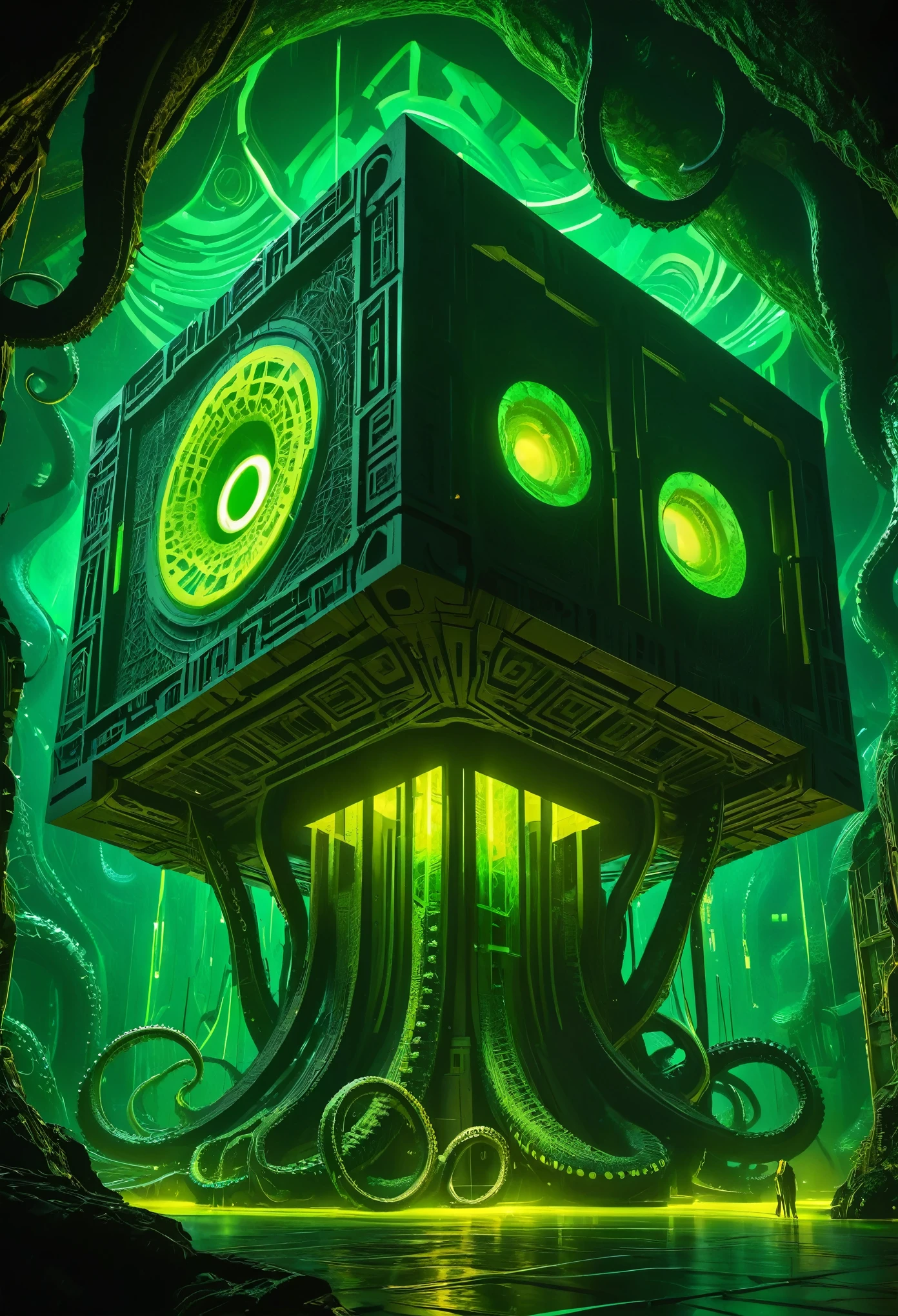 A gigantic floating cuboid structure with dark, twisting tentacles, radiating an intense green light from the circular patterns and eyes with illuminated symbols embedded in their faces. The scene has a dark and futuristic atmosphere., with a greenish-yellow lighting that envelops the entire space, full of geometric shapes and blocks suspended in the air. Two tiny, zombified figures appear to be wandering in front of this monstrous entity., highlighting its colossal scale. The atmosphere is oppressive and mysterious., as if the place were a prison or a temple of some cosmic deity. The style is a combination of science fiction and cosmic horror, with intricate details and a sense of alien grandeur.