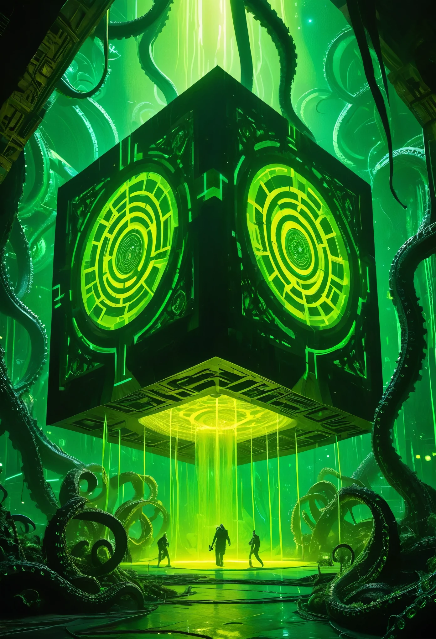 A gigantic floating cuboid structure with dark, twisting tentacles, radiating an intense green light from the circular patterns and eyes with illuminated symbols embedded in their faces. The scene has a dark and futuristic atmosphere., with a greenish-yellow lighting that envelops the entire space, full of geometric shapes and blocks suspended in the air. Two tiny, zombified figures appear to be wandering in front of this monstrous entity., highlighting its colossal scale. The atmosphere is oppressive and mysterious., as if the place were a prison or a temple of some cosmic deity. The style is a combination of science fiction and cosmic horror, with intricate details and a sense of alien grandeur.