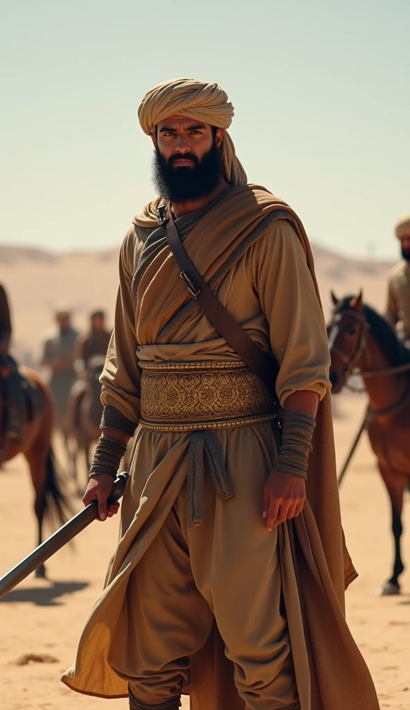 The image shows a man with a beard and a turban on his head, standing in a desert-like environment with a group of horses in the background. He is holding a sword in his right hand and appears to be ready for battle. The man is wearing a traditional Middle Eastern outfit with a brown tunic and a gold belt with intricate designs. He has a serious expression on his face and is looking off into the distance. The overall mood of the image is tense and action-packed.