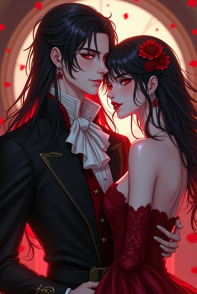 Vampire Pale man, long black hair and black and red suit vampire clothes kissing a pale woman with black hair with bangs black mini skirt black and black corset, vampire woman’s outfit, vampire couple, kissing and making sex excited panting, vampire man with long hair and vampire woman,