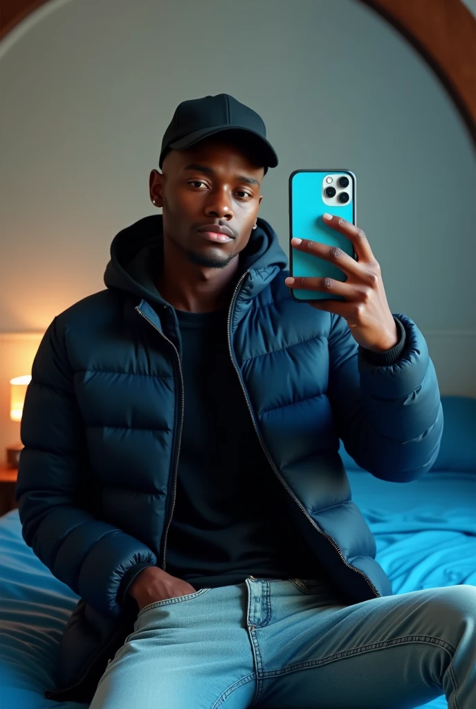 best qualityer:1.4), (ultra high resolution:1.2), (photorrealistic:1.4), (8k, CRU photo:1.2), 1 black man in his 20s, is wearing a black shirt and a navy blue puffer jacket, He's wearing a black cap, He's wearing light jeans. He is sitting on a bed taking a picture in the mirror. The bed sheet is blue. Corte de cabelo buzzcut. thin build. iPhone case is baby blue