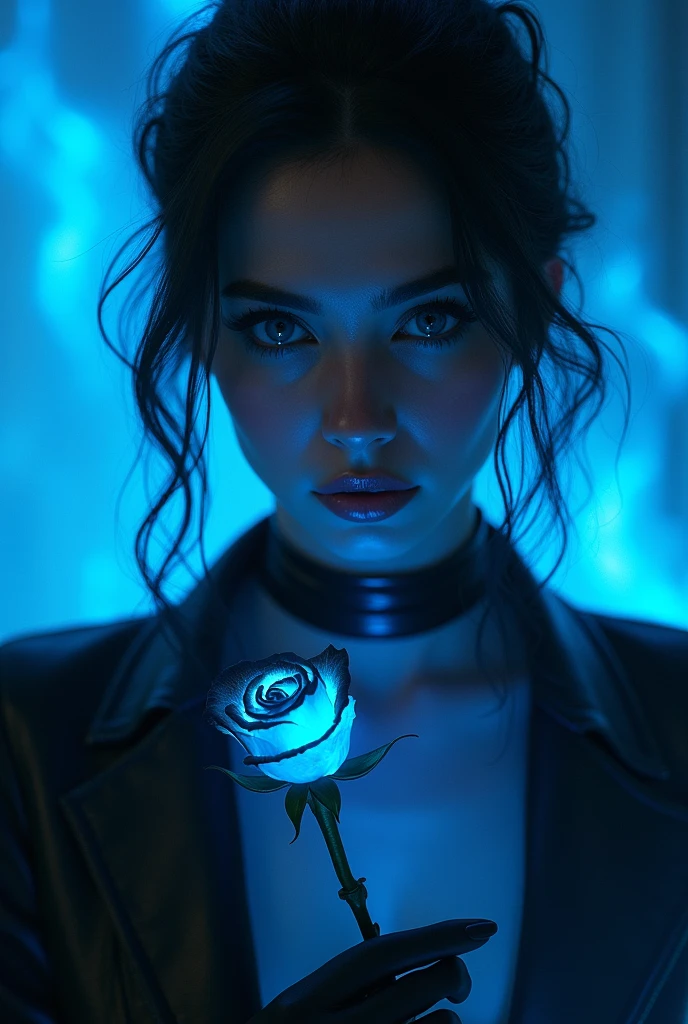A picture of an extremely beautiful woman, with very blue eyes, small nose, labios carnosos very beautiful, with a black leather suit, surrounded by a blue fire, and a black rose in her hand, very beautiful, phosphorescent blue light