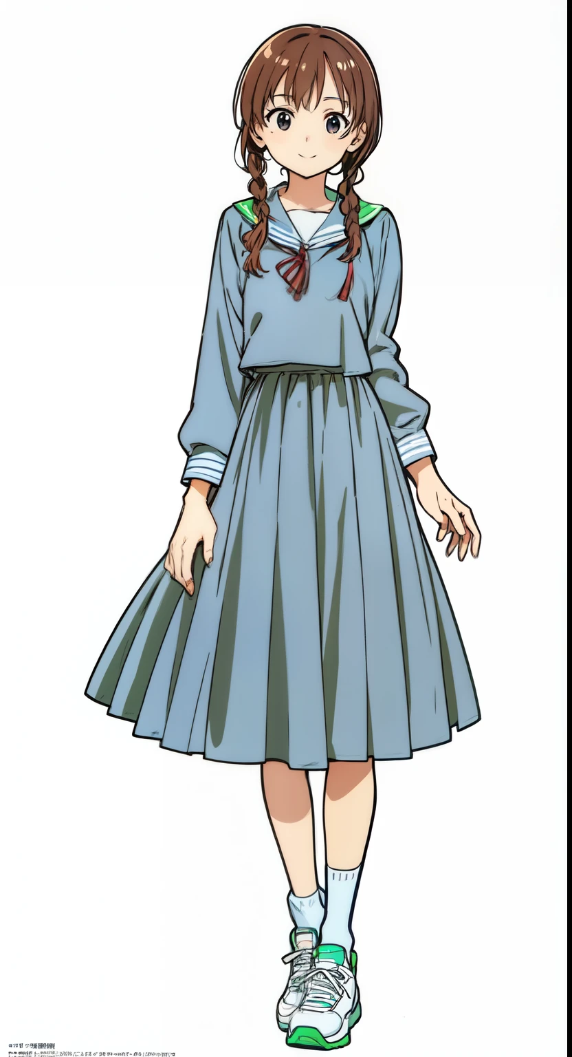 (white background:1.0), (best quality:1.0), (masterpiece:1.0), (super fine illustration:1.0), (beautiful artwork:1.0), (anime screencap:1.0), (official art:1.0), (full body:1.0), (solo:1.0), (a 14yo cute girl:1.0), (long skirt:1.0), (dark blue skirt:1.0), (pleated skirt:1.0), (dark blue sailor uniform:1.0), (long sleeve sailor uniform:1.0), (name tag:1.0), (sneakers:1.0), (white socks:1.0), (ideal ratio body proportions:1.0), (lanky:1.0), (tall:1.0), (slender:1.0), (small breasts:1.0), (smaller face:1.0), (tareme:1.0), (smile:1.0), (cheerful:1.0), (detailed beautiful eyes:1.0), (detailed beautiful face:1.0), (glowing black eyes:1.0), (short hair:1.0), (swept bangs:1.0), (twin braids:1.0), (black hair:1.0), (standing:1.0), (looking at viewer:1.0)