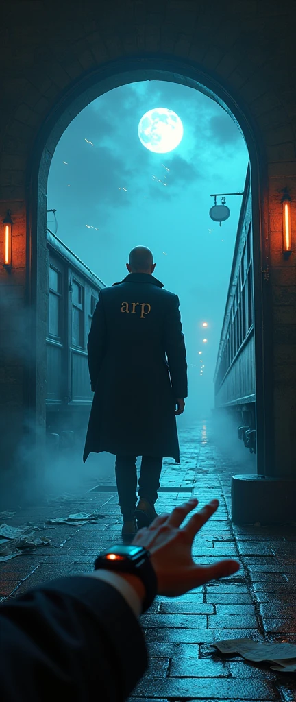 there is a man in an overcoat getting on the train, he is entering an interdimensional portal, he wears high boots, your hand holds the door railing, your coat is written "ARP" on the shoulder, he wears his hair shaved, o portal tem bordas de energy azul, he is at a train station, the portal leads to a tiled room, noir style and investigation, he looks back over his shoulder, there is a blue light technology watch on your wrist, sparks, sparks, energy, neon lamps, dirty station and flying newspapers, motion-blur, waning moon, cloudy night, light posts, abandoned modern train
