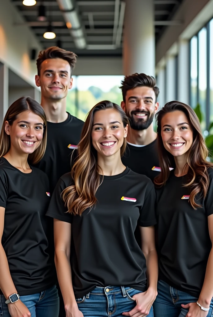 a work team in a modern and spacious office all wearing black t-shirts with a small colored company logo on the left side of the chest. 

everyone is looking at the camera and smiling for the company photo. They are successful young people. 
