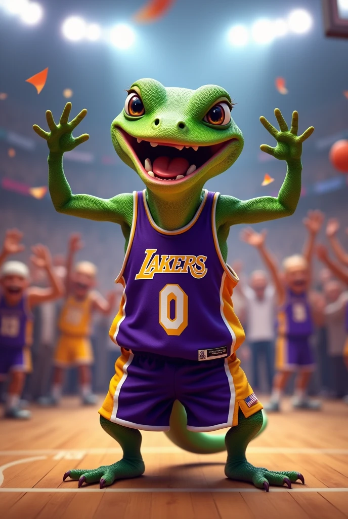 lizard with the lakers shirt celebrating a lot