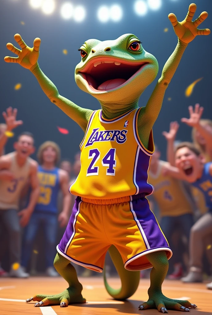 lizard with the lakers shirt celebrating a lot