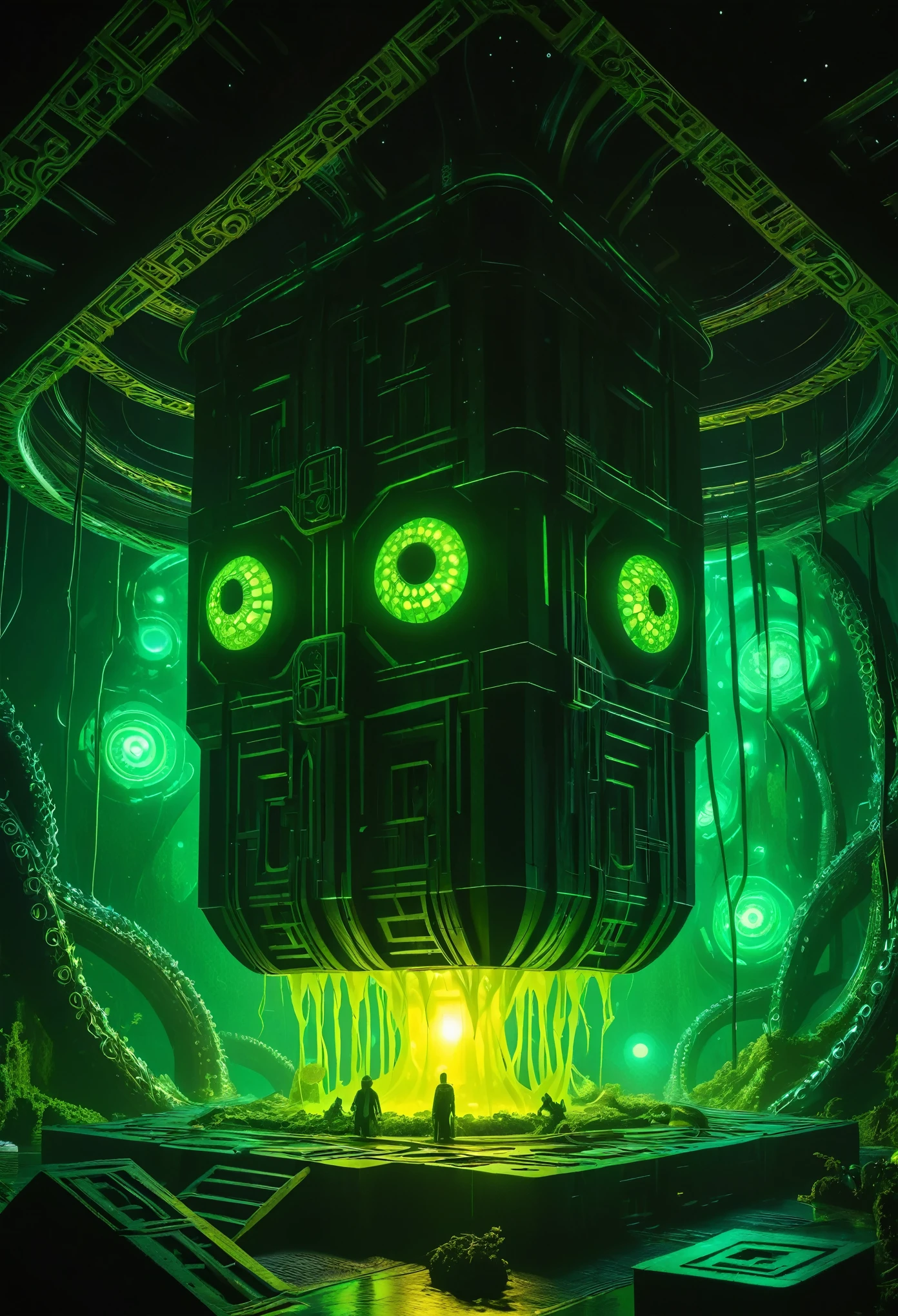 A gigantic floating cuboid structure with dark, twisting tentacles, radiating an intense green light from the circular patterns and eyes with illuminated symbols embedded in their faces. The scene has a dark and futuristic atmosphere., with a greenish-yellow lighting that envelops the entire space, full of geometric shapes and blocks suspended in the air. Two tiny, zombified figures appear to be wandering in front of this monstrous entity., highlighting its colossal scale. The atmosphere is oppressive and mysterious., as if the place were a prison or a temple of some cosmic deity. The style is a combination of science fiction and cosmic horror, with intricate details and a sense of alien grandeur.