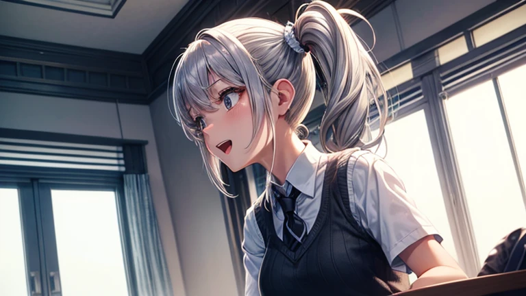 Beautiful lighting, 1 girl, alone, Akane,Silver hair, white shirt, Sweater vest, Black vest, ((Anime Style))、((2D))、Laughter、Open your mouth、(((Side Ponytail)))、One room、Sitting in physical education、
