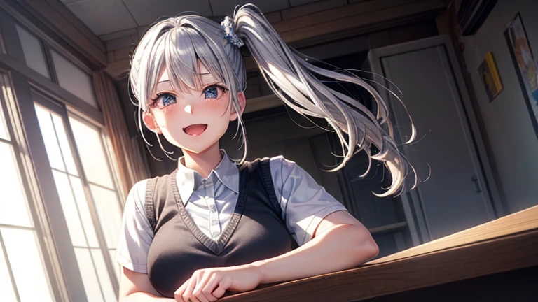 Beautiful lighting, 1 girl, alone, Akane,Silver hair, white shirt, Sweater vest, Black vest, ((Anime Style))、((2D))、Laughter、Open your mouth、(((Side Ponytail)))、One room、Sitting in physical education、
