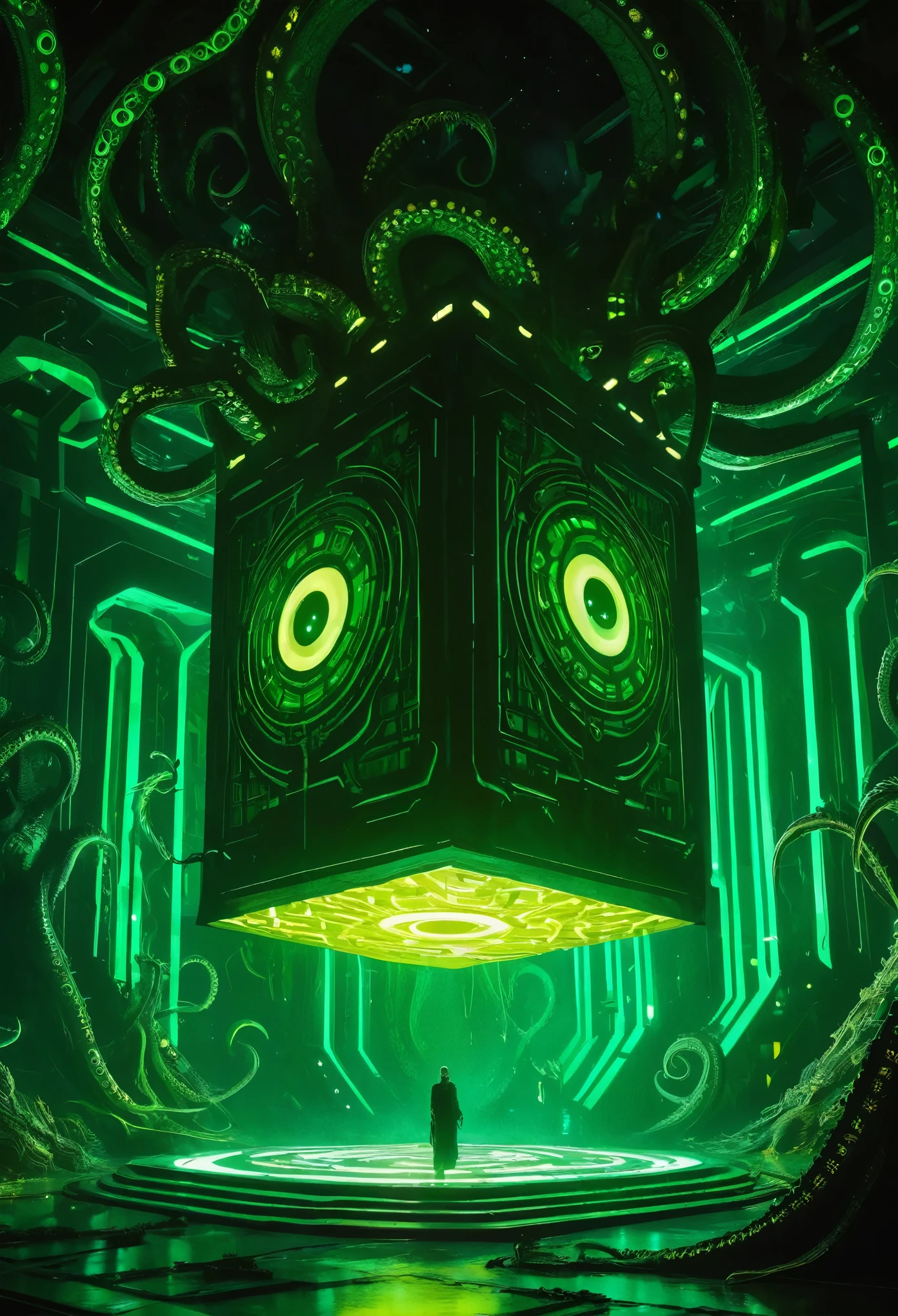 A gigantic floating cuboid structure with dark, twisting tentacles, radiating an intense green light from the circular patterns and eyes with illuminated symbols embedded in their faces. The scene has a dark and futuristic atmosphere., with a greenish-yellow lighting that envelops the entire space, full of geometric shapes and blocks suspended in the air. Two tiny, zombified figures appear to be wandering in front of this monstrous entity., highlighting its colossal scale. The atmosphere is oppressive and mysterious., as if the place were a prison or a temple of some cosmic deity. The style is a combination of science fiction and cosmic horror, with intricate details and a sense of alien grandeur.