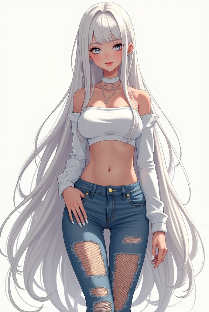 tall anime woman, long white hair, wears shiny earrings and light makeup, a cute white crop top and ripped denim pants with fishnet tights underneath, high-heels, white nails with shiny details, and a delicate white choker around the neck