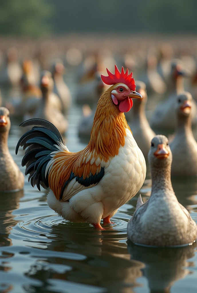 Chicken disguise as duck in a crowd of duck