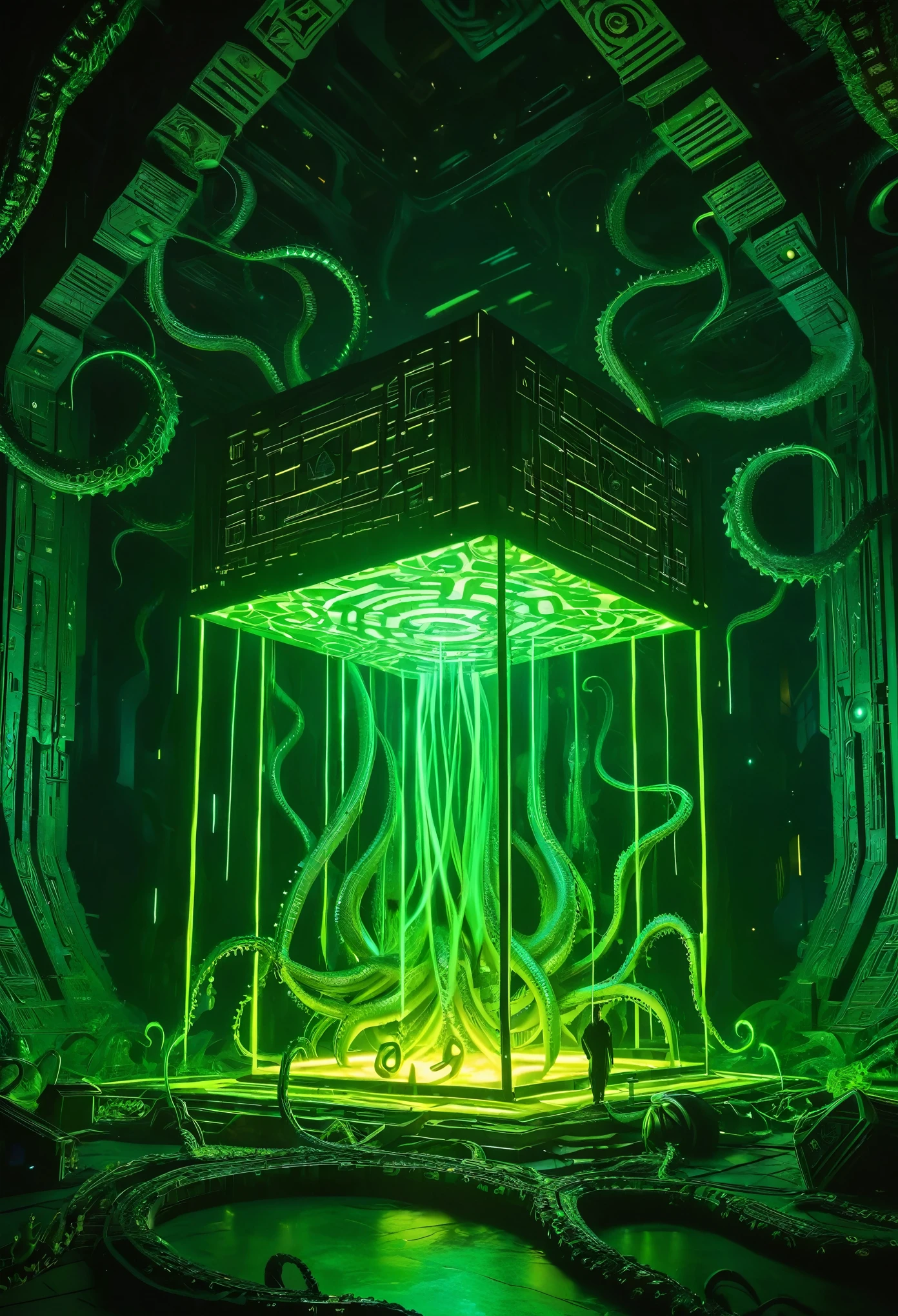 A gigantic floating cuboid structure with dark, twisting tentacles, radiating an intense green light from the circular patterns and eyes with illuminated symbols embedded in their faces. The scene has a dark and futuristic atmosphere., with a greenish-yellow lighting that envelops the entire space, full of geometric shapes and blocks suspended in the air. Two tiny, zombified figures appear to be wandering in front of this monstrous entity., highlighting its colossal scale. The atmosphere is oppressive and mysterious., as if the place were a prison or a temple of some cosmic deity. The style is a combination of science fiction and cosmic horror, with intricate details and a sense of alien grandeur.