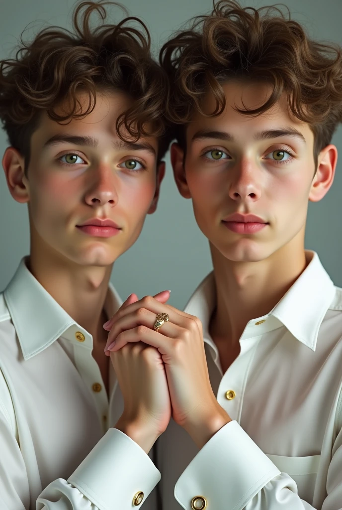 Send me a picture of some white cufflinks, thin, Oval face, Youths, with thin lips, with green eyes, and curly hair, realistic twins 