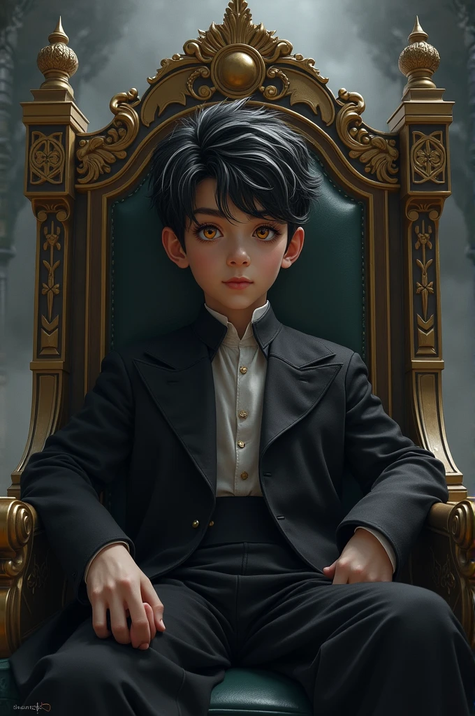 hair color: black with silver streaks, eye color: golden, boy sitting in throne. Dashing look.