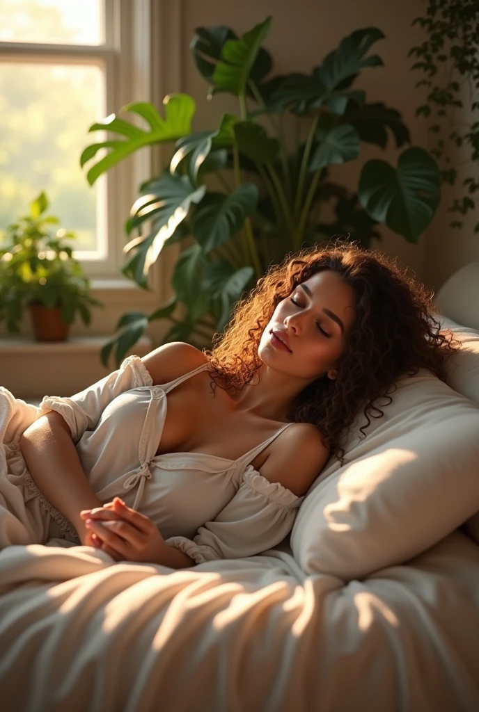 (photoréalisme:1.2), Belle femme, allongée sur le lit,en travers, porter un haut ample à épaules dénudées, pantalon de pyjama, longs cheveux bouclés, à l’intérieur, éclairage doux, plantes en arrière-plan, fenêtre avec lumière du soleil, chambre confortable, pose détendue, Réaliste, détails complexes, Couleurs chaudes