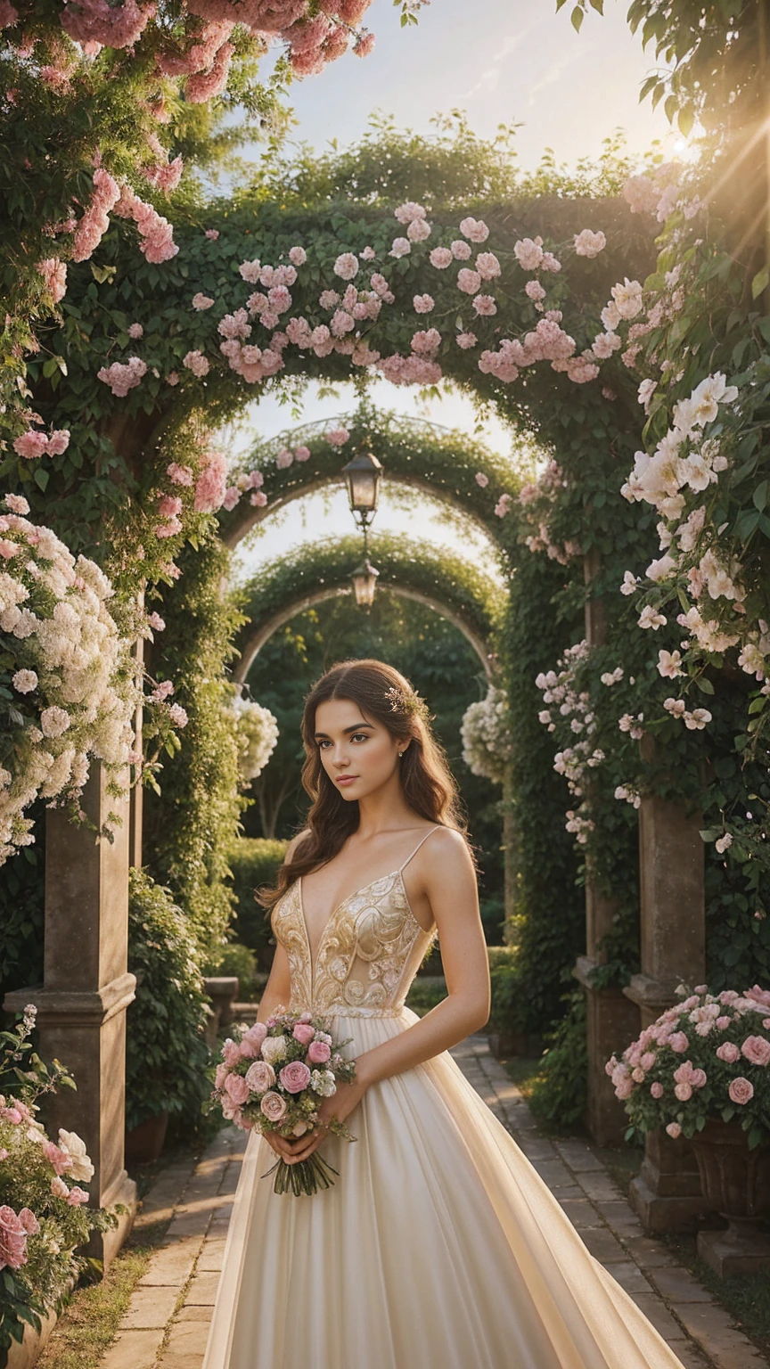 (photograph of a detailed beautiful 18-year old woman with ((facial and body characteristics that is similar to eleonora pavinato))), (), ((Enchanted Garden Romance: Theme: Lost in a fairytale garden of love. Clothing: Ethereal and flowy dresses, floral accents. Scene: Lush garden settings, blooming flower arches, or hidden gazebos. Props: Bouquets of flowers, romantic novels, or love letters. Location: Botanical gardens, rose gardens, or private estates. Weather/Lighting: Soft, natural lighting with a hint of golden hour glow.)), (), (), finely detailed, ultra-realistic features of her pale skin and (slender and athletic body), and (symmetrical, realistic and beautiful face), candid, (), (), (()), (), film stock photograph, rich colors, hyper realistic, lifelike texture, dramatic lighting, strong contrast
