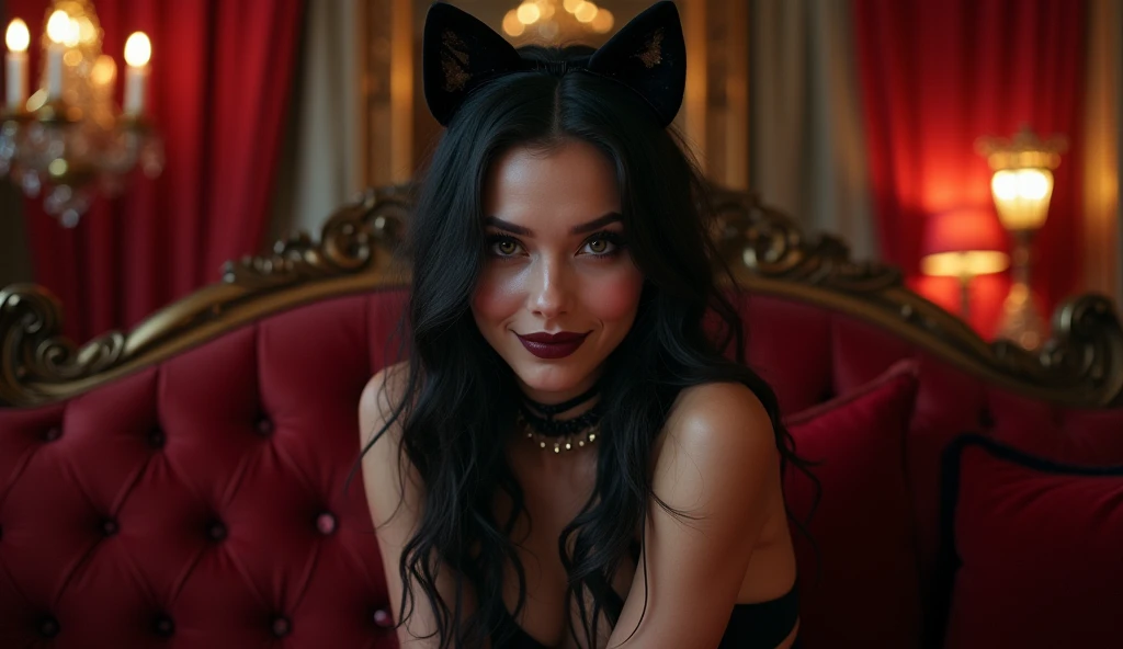 Jenna ortega, sexy mini skirt, provocative smile, goth dark makeup, cat ears, in a velvet palace, ready for love, photo realistic, hdr, movie scene
