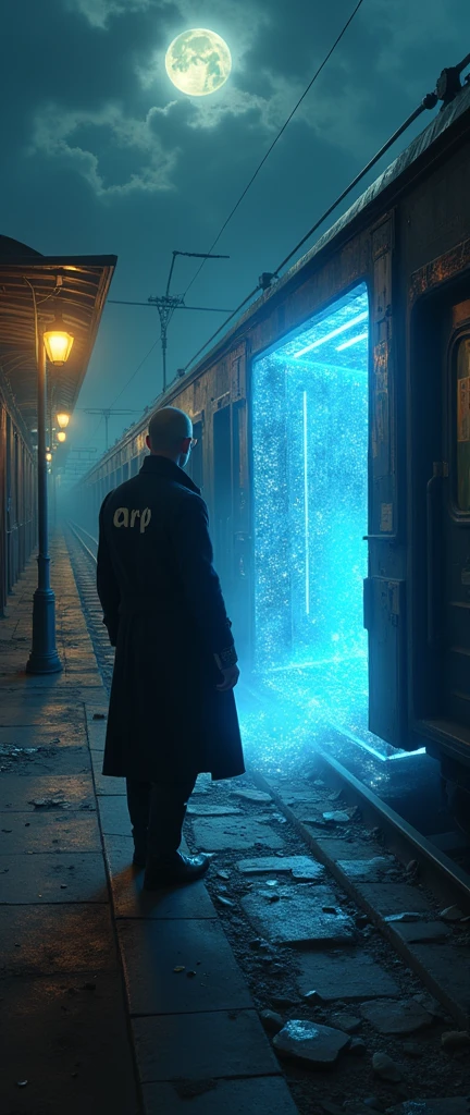 there is a man in an overcoat getting on the train, he is entering an interdimensional portal, he wears high boots, your hand holds the door railing, your coat is written "ARP" on the shoulder, he wears his hair shaved, o portal tem bordas de energy azul, he is at a train station, the portal leads to a tiled room, noir style and investigation, he looks back over his shoulder, there is a blue light technology watch on your wrist, sparks, sparks, energy, neon lamps, dirty station and flying newspapers, motion-blur, waning moon, cloudy night, light posts, abandoned modern train

