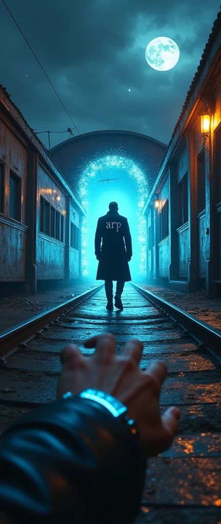 there is a man in an overcoat getting on the train, he is entering an interdimensional portal, he wears high boots, your hand holds the door railing, your coat is written "ARP" on the shoulder, he wears his hair shaved, o portal tem bordas de energy azul, he is at a train station, the portal leads to a tiled room, noir style and investigation, he looks back over his shoulder, there is a blue light technology watch on your wrist, sparks, sparks, energy, neon lamps, dirty station and flying newspapers, motion-blur, waning moon, cloudy night, light posts, abandoned modern train
