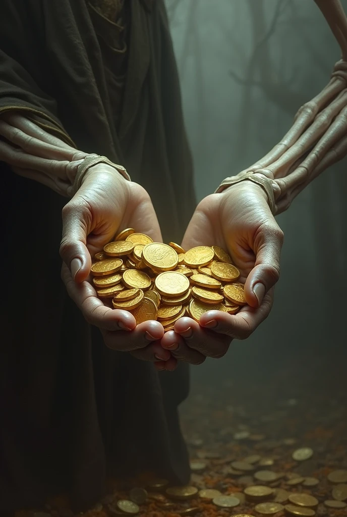Two bony hands stretched out holding several coins in their hands representing abundance.