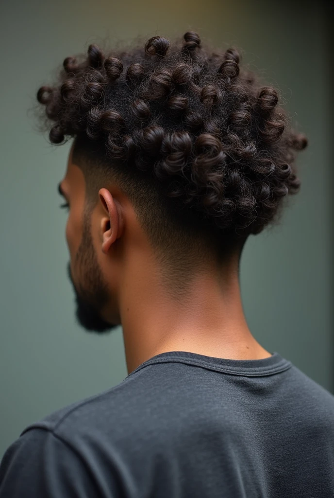 create two photos of a man from behind without showing his face with a low fade haircut with curly hair, a color photo that makes the photo look real