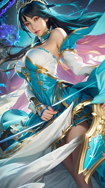 a close up of a woman in a blue dress with a sword, cushart krenz key art feminine, detailed key art, extremely detailed artgerm, irelia from league of legends, vivy, high detailed official artwork, full art, portrait knights of zodiac girl, astri lohne, irelia, seraphine ahri kda