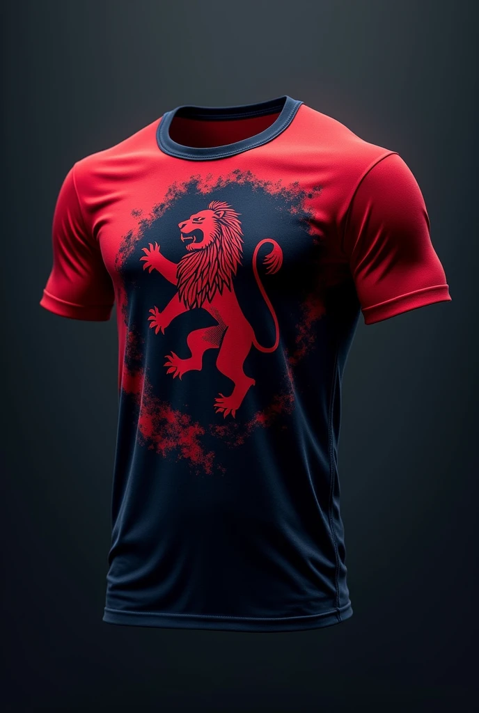 red and black and dark blue gym shirt where the symbol is a lion