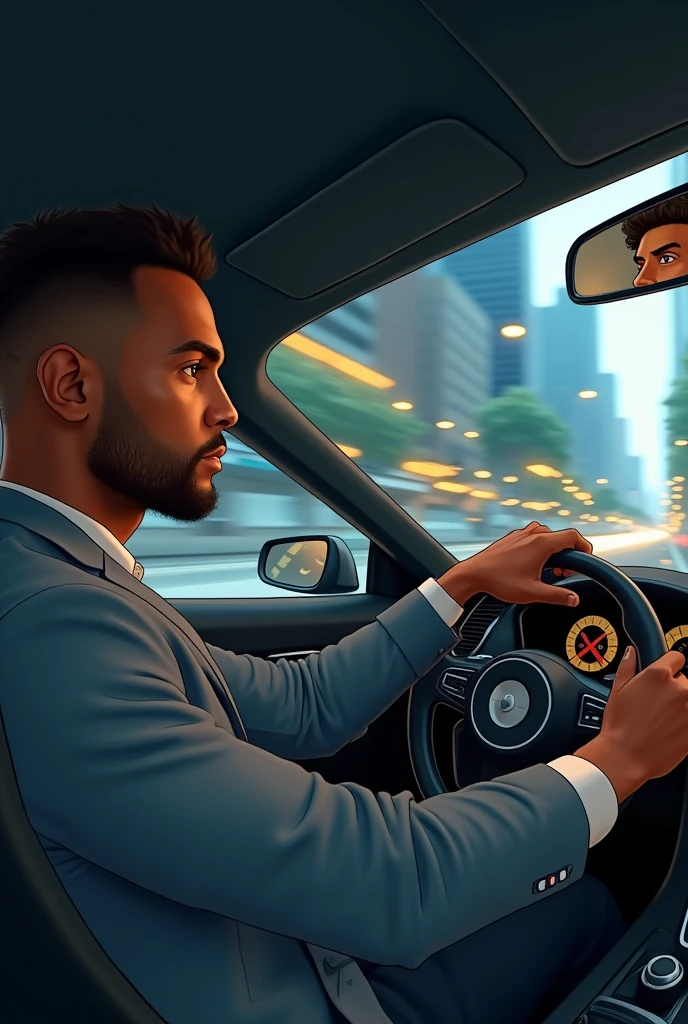 Short hair black man, driving car and looking forward, with male passenger in the back seat