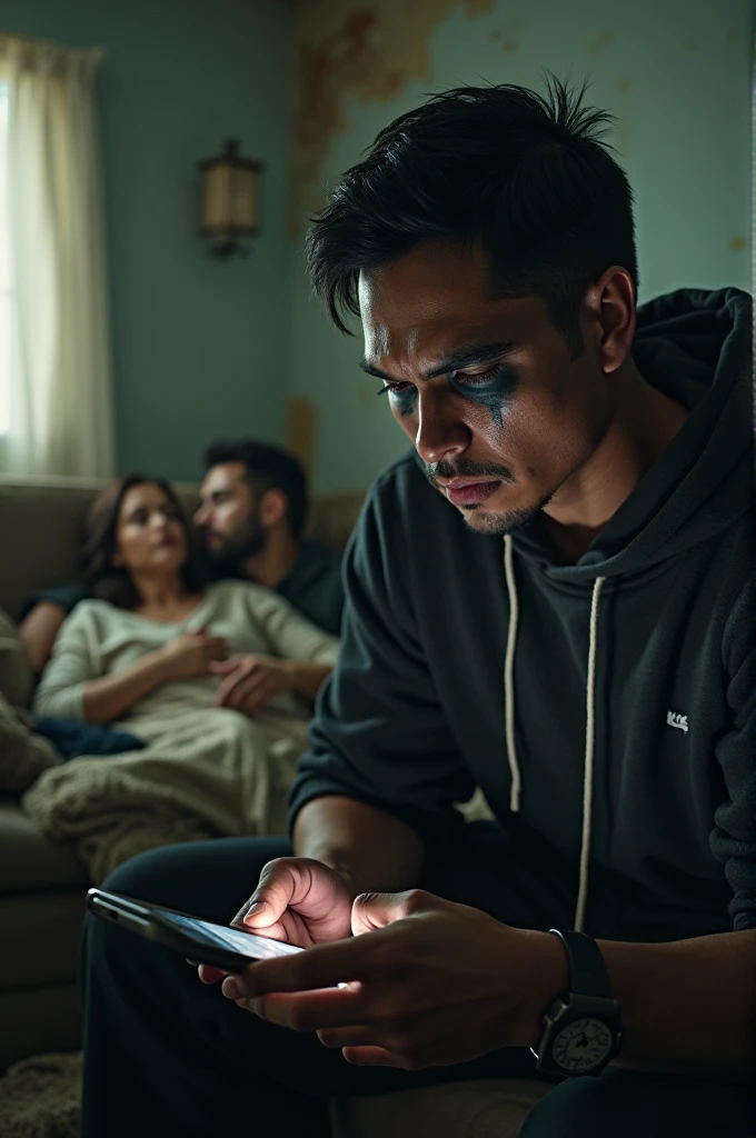 one pinoy muscle guy with makeup, holding a phone and angry typing, sleepless and envy.
one sexy girl and sexy boy flirty in couch with couple hoodie, dark dirty, delusional sitting in a couch apart, one is lying down the couch, one corgi dog and one shiba inu dog