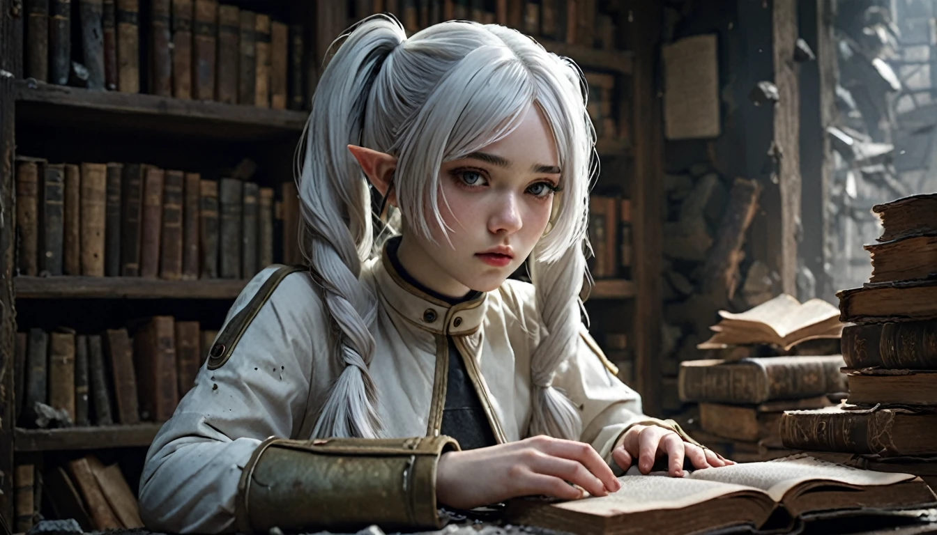  Frieren stands in a war-torn, ancient library, surrounded by broken shelves and scattered, dusty grimoires. Her skin is incredibly lifelike, showing fine details like pores, subtle imperfections, and a soft natural glow under the dim light. She flips through an old, worn-out grimoire with a focused expression, her white hair in soft twintails falling naturally around her face. The texture of her skin appears as if it were captured in a high-resolution photograph, with realistic lighting reflecting the dirt and wear of the battle around her. The room itself feels tangible, filled with cracked stones, dirt, and debris. The books have aged pages, and the broken furniture adds to the worn, war-shelter atmosphere. Magical flashes illuminate parts of the scene, with everything rendered in ultra-realistic detail, making it appear as though Frieren and the environment are from a photograph, not a digital rendering.