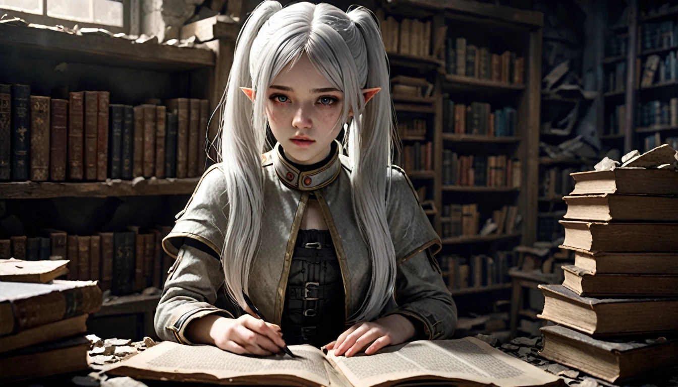 Frieren stands in a war-torn, ancient library, surrounded by broken shelves and scattered, dusty grimoires. Her skin is incredibly lifelike, showing fine details like pores, subtle imperfections, and a soft natural glow under the dim light. She flips through an old, worn-out grimoire with a focused expression, her white hair in soft twintails falling naturally around her face. The texture of her skin appears as if it were captured in a high-resolution photograph, with realistic lighting reflecting the dirt and wear of the battle around her. The room itself feels tangible, filled with cracked stones, dirt, and debris. The books have aged pages, and the broken furniture adds to the worn, war-shelter atmosphere. Magical flashes illuminate parts of the scene, with everything rendered in ultra-realistic detail, making it appear as though Frieren and the environment are from a photograph, not a digital rendering.