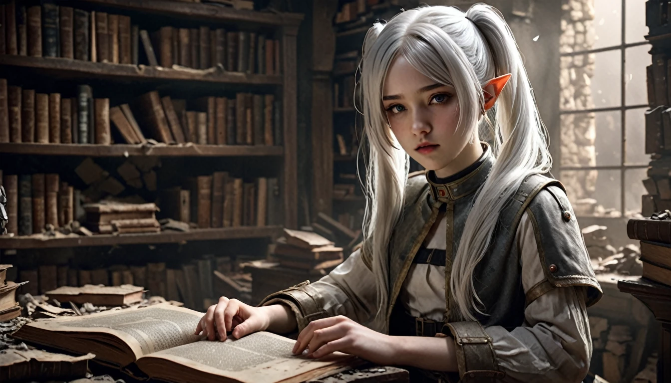  Frieren stands in a war-torn, ancient library, surrounded by broken shelves and scattered, dusty grimoires. Her skin is incredibly lifelike, showing fine details like pores, subtle imperfections, and a soft natural glow under the dim light. She flips through an old, worn-out grimoire with a focused expression, her white hair in soft twintails falling naturally around her face. The texture of her skin appears as if it were captured in a high-resolution photograph, with realistic lighting reflecting the dirt and wear of the battle around her. The room itself feels tangible, filled with cracked stones, dirt, and debris. The books have aged pages, and the broken furniture adds to the worn, war-shelter atmosphere. Magical flashes illuminate parts of the scene, with everything rendered in ultra-realistic detail, making it appear as though Frieren and the environment are from a photograph, not a digital rendering.