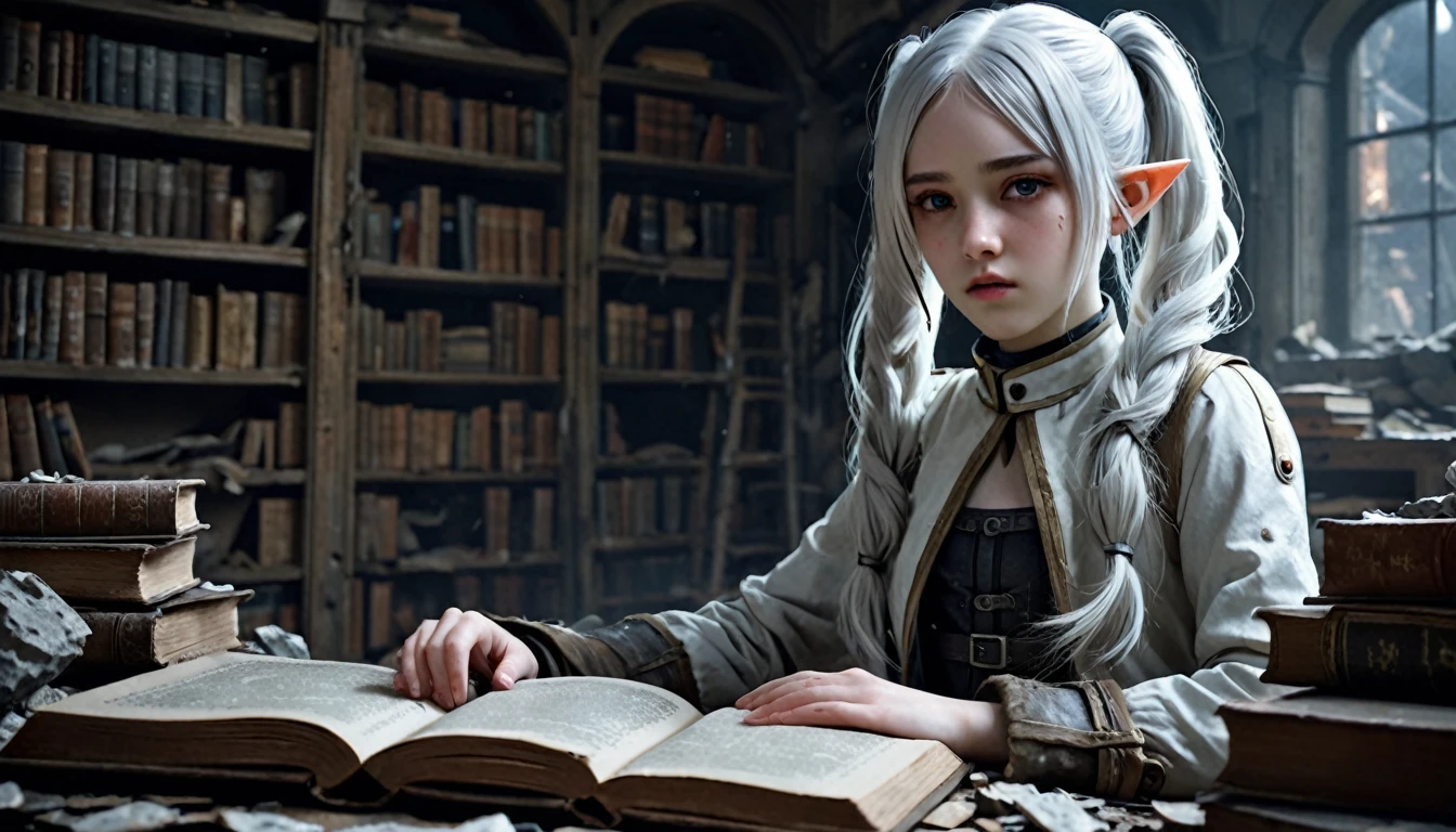  Frieren stands in a war-torn, ancient library, surrounded by broken shelves and scattered, dusty grimoires. Her skin is incredibly lifelike, showing fine details like pores, subtle imperfections, and a soft natural glow under the dim light. She flips through an old, worn-out grimoire with a focused expression, her white hair in soft twintails falling naturally around her face. The texture of her skin appears as if it were captured in a high-resolution photograph, with realistic lighting reflecting the dirt and wear of the battle around her. The room itself feels tangible, filled with cracked stones, dirt, and debris. The books have aged pages, and the broken furniture adds to the worn, war-shelter atmosphere. Magical flashes illuminate parts of the scene, with everything rendered in ultra-realistic detail, making it appear as though Frieren and the environment are from a photograph, not a digital rendering.